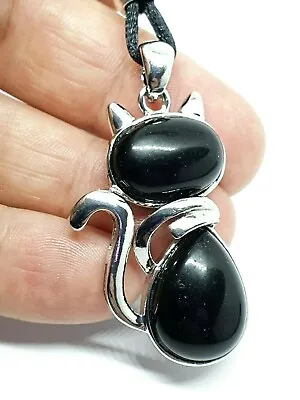 £4.95 • Buy Obsidian Cat Necklace Pendant Large Crystal Gemstone Protection Stone Corded 