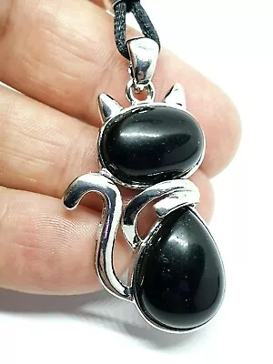 Obsidian Cat Necklace Pendant Large Crystal Gemstone Protection Stone Corded  • £4.95