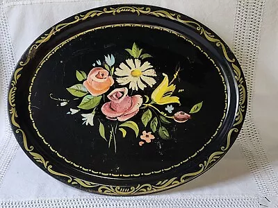 Vintage Metal Tin Oval Black Toleware Tray Floral Flowers 16  X 13.75  • $14.99