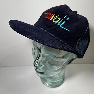 Vintage Hawaii Blue Corduroy & Mesh Trucker Hat Rainbow Letters 90’s • $14.99