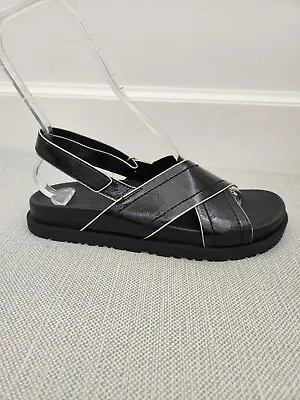 $49.99 • Buy Zara Black Patent Women Slingback Sandals Footbed Cross Strap Open Toe 