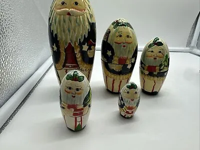VINTAGE Russian Santa Claus Christmas Wooden Nesting Dolls 5 Pieces Handmade • £21.21