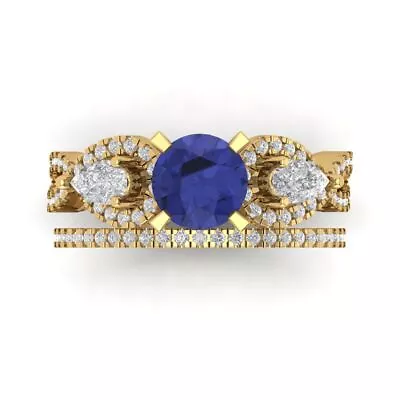 2 Round Pear Cut 3stone Simulated Tanzanite Wedding Bridal Set 14k Yellow Gold • £432.44