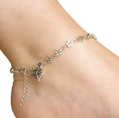 £3.29 • Buy Womens Silver Heart Anklets Ankle Charm Leg Bracelet Chain Foot Gift Beach Daisy