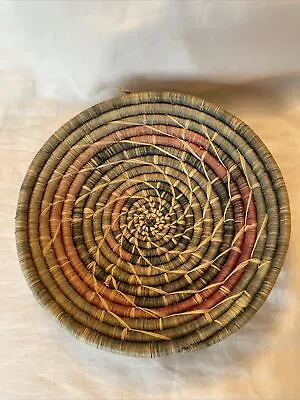 Primitive Boho Coil Basket Grass Hand Woven Multicolor Bowl Plate 11” Vintage • $18.50