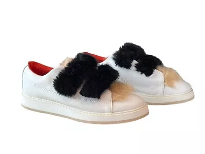 Zara Leather Platform Sneakers Faux Fur Straps Size 8.5 White Black Tan • $35