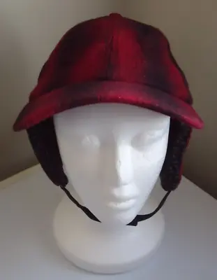 GoodFellow & Co Wool Blend Red Buffalo Plaid Ear Flap Hat Sz M/L Snap Chin Strap • $10.80