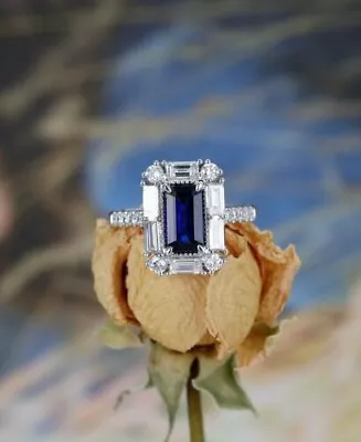 2.5Ct Emerald Lab Created Blue Sapphire Halo Engagement Ring White Gold Plated • $118.99