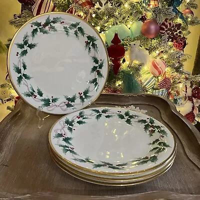 4 Mikasa Ribbon Holly Dinner Plates Holly & Berry Design Bone China Gold Trim • $118