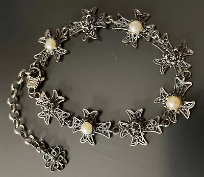 Vintage Sterling Silver Filigree Cross Flower Real Pearl Bracelet DGS Turkey 925 • $86.83