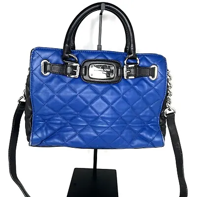 Michael Kors Hamilton Womens Leather Quilted Satchel Handbag Blue Black • $71.60