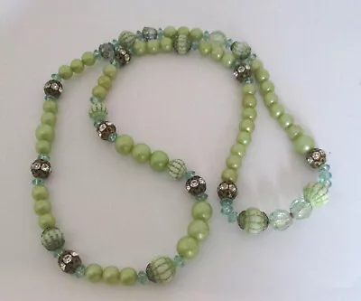 Vintage Pale Green Plastic Bead/Rhinestone Bead Necklace • $2.99