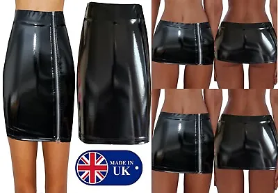 New Women Mix Length Black Vinyl Pvc Wet Look Full Side Zip Sexy Mini Skirt  • £7.99