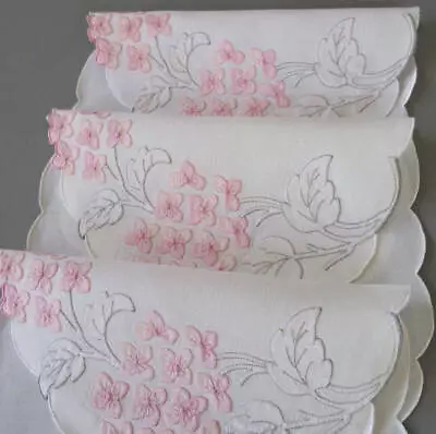 12Pc Vintage MADEIRA Linen Placemats Napkins Hand Embr + Applqd PINK HYDRANGEAS • $95