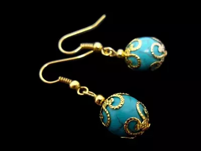 A Pair Dangly 10mm Turquoise Round Gemstone Beads Earrings. New. • $4.95