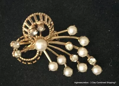 Vintage Brooch Pin SIGNED EMMONS Faux Pearl Rhinestone Gold Tone Jewelry Lot Y • $1.99