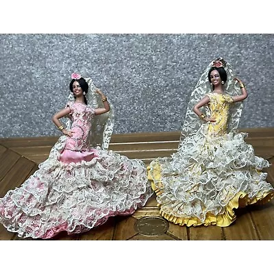 VTG Marin Chiclana Spanish Dolls Figurine Flamenco Dancers Pink Yellow 6.5 In • $34