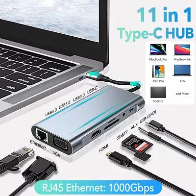 11 In 1 USB C Hub Multiport Docking Station W/ 4K HDMI/VGA/PD/USB3.0/SD/TF RJ45 • $50.34