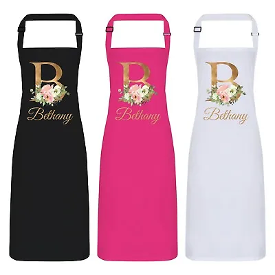 £15.99 • Buy Personalised Floral Gold Initial & Name Apron. Adjustable Strap. Gift Mum Sister