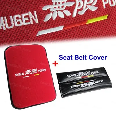 Red JDM MUGEN POWER Fabric Car Center Armrest Cushion Pad + Seat Belt Cover Set • $18.99