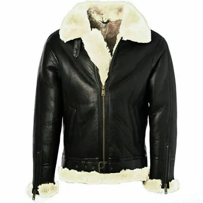 Aviator Fur B3 Bomber Black Real Leather Jacket Genuine Sheepskin For Mans • $152.99