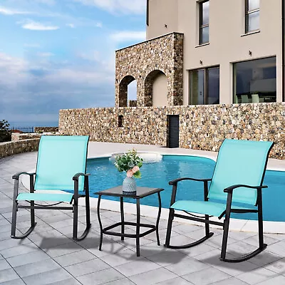 Patio Rocking Chair Set 2 Outdoor Rocker Metal Bistro Table Lounge Porch Blue • $140.76