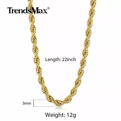 3-7MM Gold Plated Stainless Steel Diamond Cut Twisted Rope Chain Necklace 16-30  • $5.49