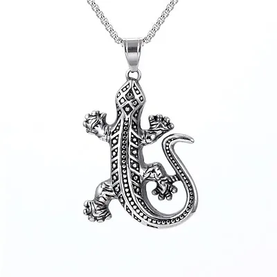 Mens Stainless Steel Crawling Lizard Pendant Necklace • $13.03