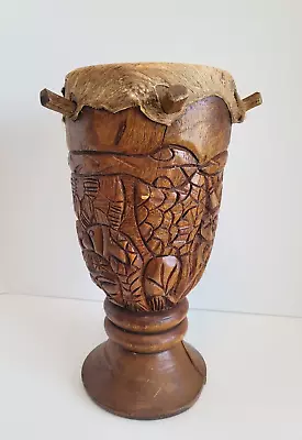 Antique Vintage Hand Carved Peg Animal Skin Wood Bongo Drum African Folk Art  • $59.95