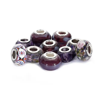 Mix Silver Plate Amethyst Theme Murano Lampwork European Glass Crystal Beads • $7.49