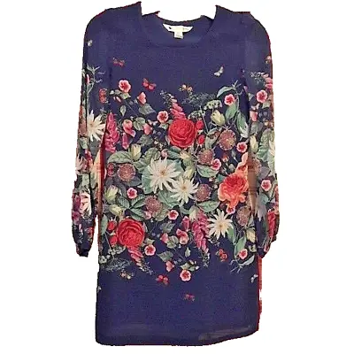 YUMI - Navy Floral Women's Shift Dress Sheer Sleeves Size 0/2 Butterflies • £23.75