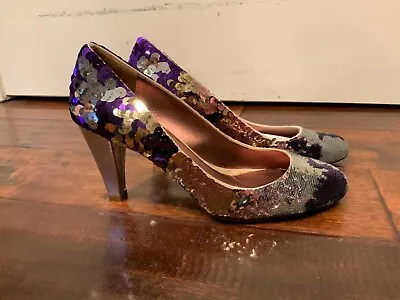 Miu Miu Purple & Silver Sequined Round Toe Pumps Heels Size 38 (IT) 8 (US) • $162