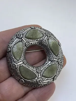 Vintage MIRACLE Green Connemara Glass Agate Celtic Silver Brooch Pin • $18.74