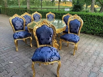 Exquisite 1990s Baroque/Rococo Dining Set: Gold And Blue Damask - 9 Pieces • $5800