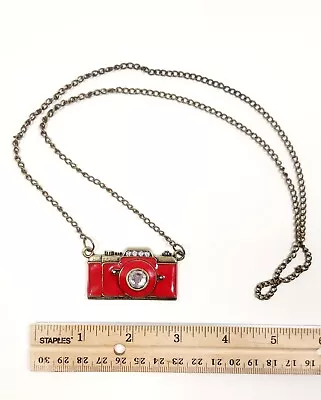 Unique VTG 90's Necklace - Red Enamel & Brass Camera Pendant - Long Chain • $33