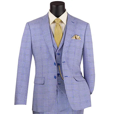 VINCI Men's Sky Blue Windowpane Plaid 3 Piece 2 Button Slim Fit Suit NEW • $130