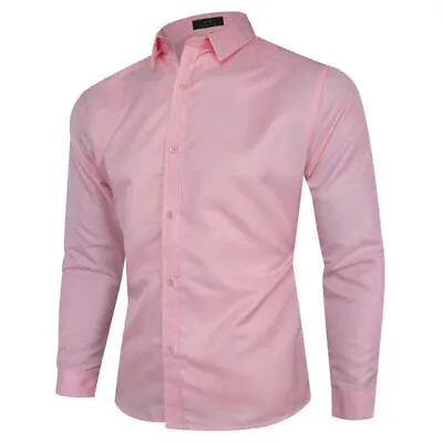 Mens Solid Modern Slim Fit Smart Shirts Long Sleeve Casual Formal Work Shirts • £10.99
