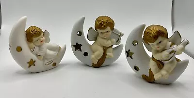 3 Vintage Angels Sleeping On Crescent Moon Porcelain Figurines 3”x2 ¾ X 1” • $6.50