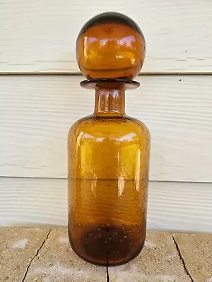 Vintage Mid Century  Glass Bottle With Stopper In Amber Color Bubbles In Glass • £27.02