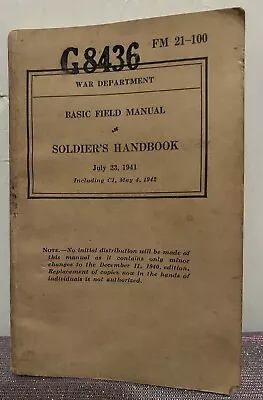 Vintage WWII-Soldier's Handbook-Basic Field Manual-1941-War Department-FM 21-100 • $9.99