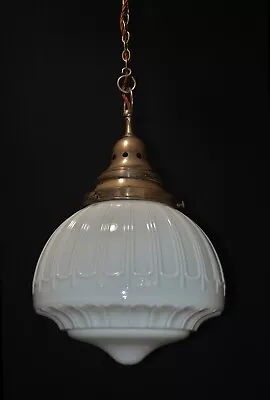 Art Deco Industrial Opaline Glass & Chrome Pendant Schoolhouse Light C-1920s • $491.20