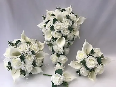 Wedding Bouquets Flowers Ivory Rose  Posy Bride Bridesmaid Flower Girl Wand Lily • £5