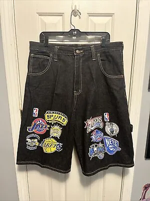 Vintage Y2K NBA Logo Denim Jean Shorts Lakers Hornet Sonics Magic Size 38 Black • $49.99