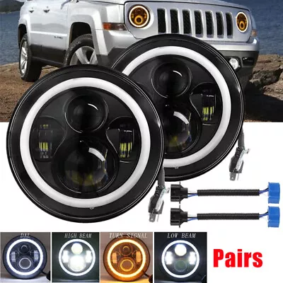 Pairs 7  Inch Round LED Headlights Halo Angle Eyes For Jeep Wrangler JK LJ TJ CJ • $39.99