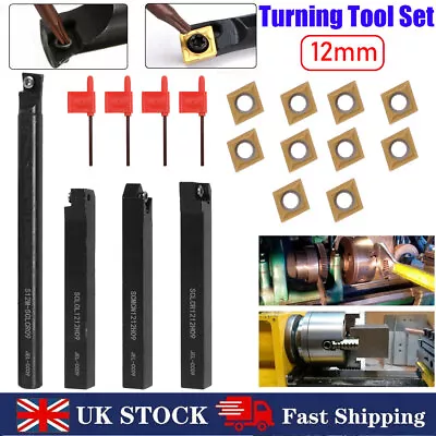 4Set 12mm Shank Lathe Turning Tools + Indexable Carbide Insert Blades With Box • £16.99