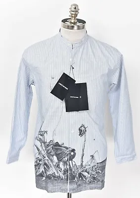 NWT CHRISTIAN DADA Laments Blue Striped Araki Print Stand Collar Shirt 46 Fits S • $124.99