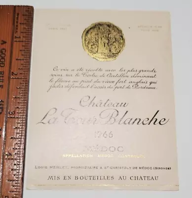 RARE - 1966 Chateau La Toure Blanche Wine Bottle Label - VINTAGE • $3.85