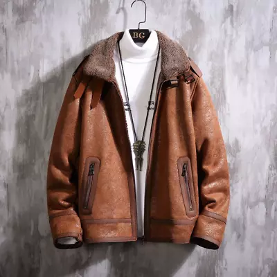 Faux Sheepshear Coat Fur Short Mens Faux Leather Motorcycle Jacket Pilot Outwear • $136.80