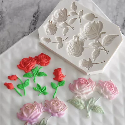 Rose Fondant Mould Silicone Flower Leaves Cake Baking Chocolate Topper Mould DIY • £3.59