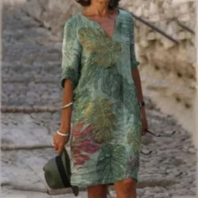 $23.35 • Buy Womens Short Sleeve Floral Midi Dress Ladies Holiday Baggy Beach Kaftan Sundress